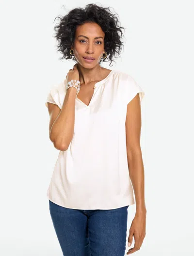 Talbots Soft Satin Charmeuse Split Neck Top - Ivory - Xs  In White