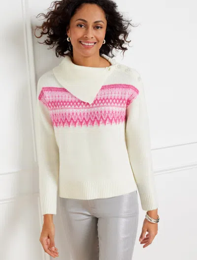 Talbots Misses - Split Neck Sweater - Whimsical Fair Isle - Ivory/honeysuckle - Large  In Ivory,honeysuckle