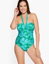 Talbots Sun Ocean Sand Ruched Halter One Piece - Vineyard Floral - Simply Green - 14  In Simply Green
