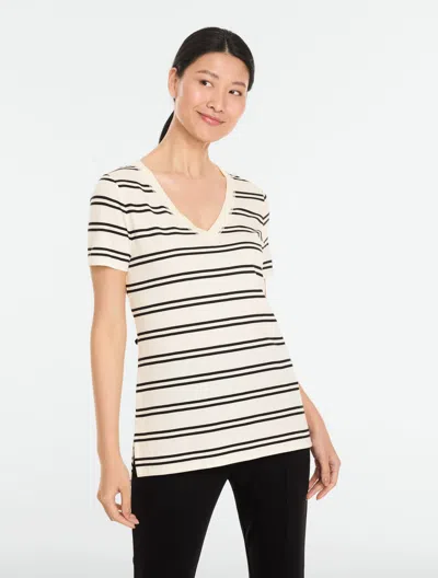 Talbots Supersoft Jersey Short Sleeve V-neck T-shirt - Double Stripe - Ivory/black - Xs  In Gold