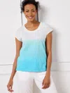 Talbots Misses - Supersoft Slub Cap Sleeve T-shirt - Dip Dye - White/aqua Splash - Small - 100% Cotton Talbo In White,aqua Splash