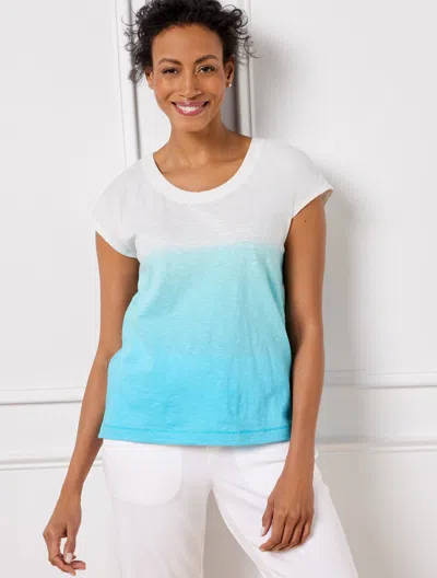 Talbots Misses - Supersoft Slub Cap Sleeve T-shirt - Dip Dye - White/aqua Splash - Small - 100% Cotton Talbo In White,aqua Splash