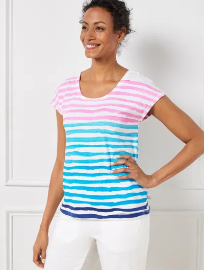 Talbots Petite - Supersoft Slub Cap Sleeve T-shirt - Ombrã© Watercolor Stripe - White - Xl