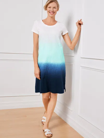 Talbots Supersoft Slub Short Sleeve Dress - Dip Dye - White/fresh Aqua/indigo - 3x - 100% Cotton  In White,fresh Aqua,indigo