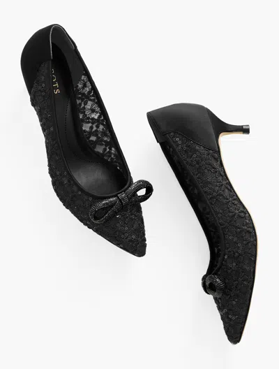 Talbots Sylvie Bow Kitten Heel Pumps - Sequin Mesh - Black - 11m
