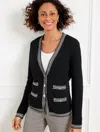 Talbots Petite - Texture V-neck Cardigan Sweater - Tipped Stripe - Black - Xl - 100% Cotton  In Black
