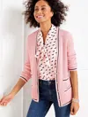 Talbots Petite - Texture V-neck Cardigan Sweater - Tipped Stripe - Warm Blush - Small - 100% Cotton