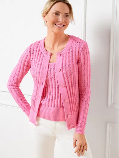 Talbots Petite - Textured Crewneck Cardigan Sweater - Aurora Pink - Medium - 100% Cotton