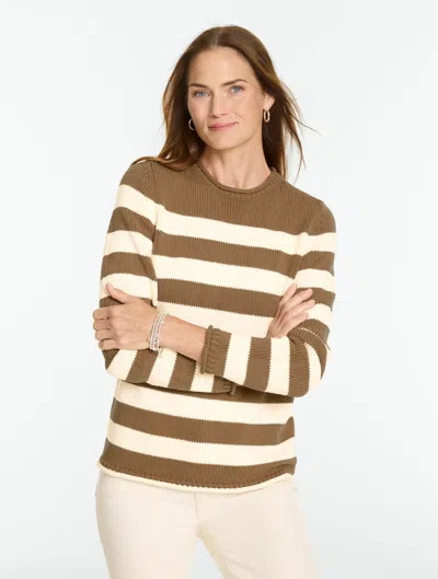 Talbots The Classic Roll Neck Sweater - Breton Stripe - Tobacco/ivory - Xs - 100% Cotton  In Tobacco,ivory