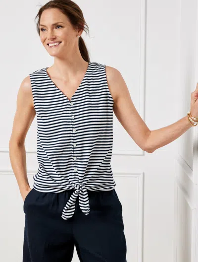 Talbots Tie Hem Button Front Tank Top - Coastal Stripe - White/indigo - 3x  In White,indigo