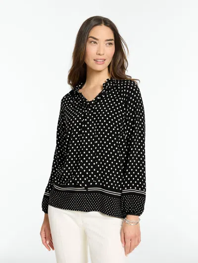 Talbots Tie Neck Ruffle Top - Lovely Dot - Black/ivory - Xs  In Black,ivory