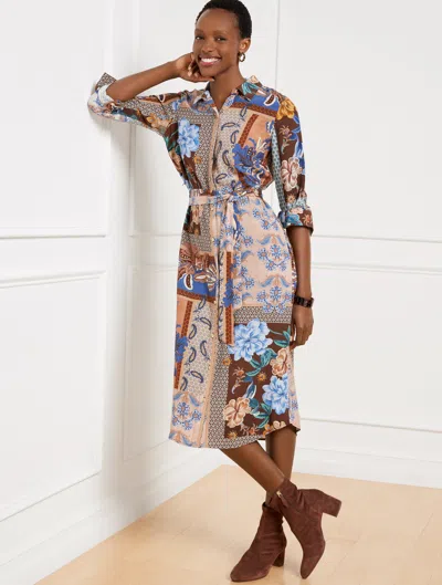 Talbots Tie Waist Shirtdress - Floral Geo Patchwork - Dark Walnut - 18