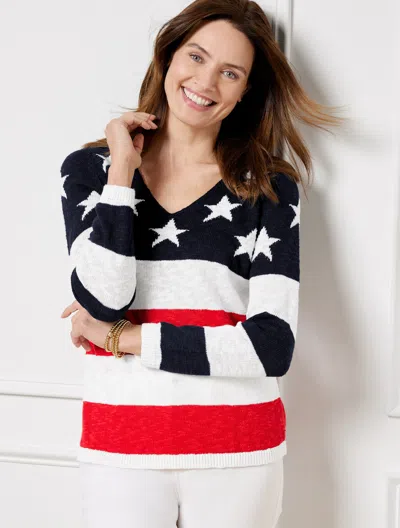 Talbots V-neck Sweater - Americana Flag - White - 1x