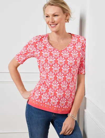 Talbots Petite - V-neck T-shirt - Damask Bouquet - Lovely Coral/white - Medium  In Lovely Coral,white