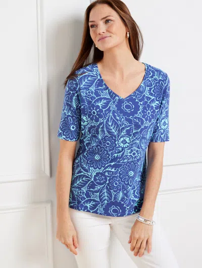 Talbots Misses - V-neck T-shirt - Leafy Tropical - Blueberry Hill/turquoise - Xs  In Blueberry Hill,turquoise