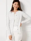 TALBOTS VARIEGATED RIBBED CARDIGAN SWEATER - SILVER STRIPE - WHITE/SILVER - LARGE TALBOTS