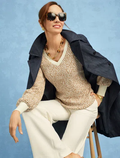 Talbots V-neck Sweater - Mini Leopard - Ivory/cafe Au Lait - Xs  In Ivory,cafe Au Lait