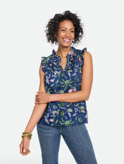 Talbots Voile Ruffle Shell Sweater - Fresh Poppy - Indigo - Xs - 100% Cotton  In Blue