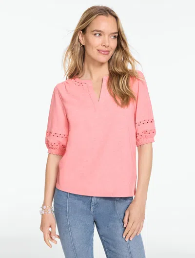 Talbots Zig Zag Stitch Elbow Sleeve Top - Coral Peach Heather - Small - 100% Cotton  In Pink