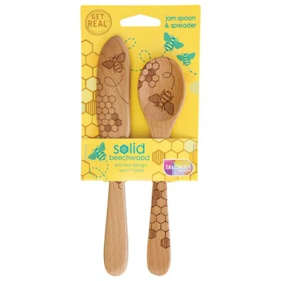 Talisman Designs Laser Etched Beechwood Jam Spoon & Spreader Set, Honey Bee Collection, Set Of 2 In Tan