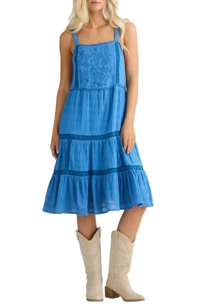 Talisman The Label Aurora Floral Embroidered Lace Trim Tiered Midi Dress In Blue