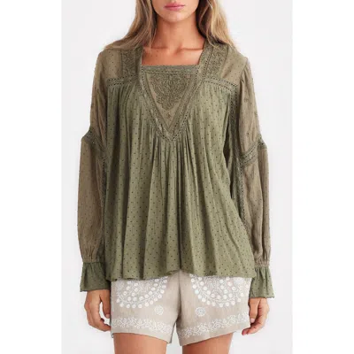 Talisman The Label Exhale Embroidered Trapeze Top In Olive Dobby