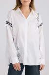 Talisman The Label Flamenco Placed Embroidery Cotton Button-up Shirt In White W Navy Embroidery