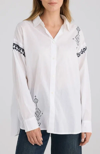Talisman The Label Flamenco Placed Embroidery Cotton Button-up Shirt In White W Navy Embroidery