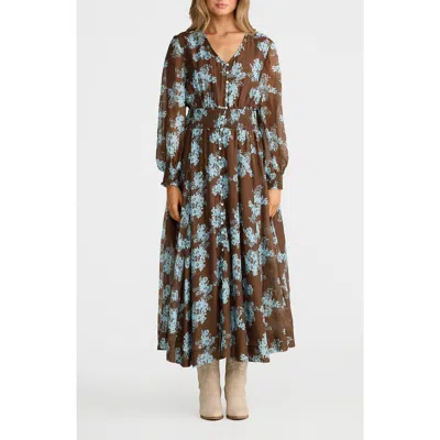 Talisman The Label Halcyon Floral Print Long Sleeve Maxi Dress In Brown