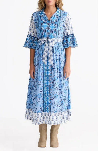 Talisman The Label Jardin Mixed Print Cotton Midi Dress In Blue