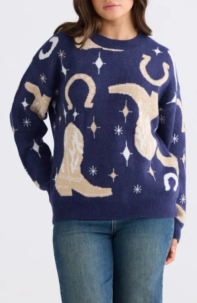 Talisman The Label Lucky Boots Crewneck Sweater In Blue