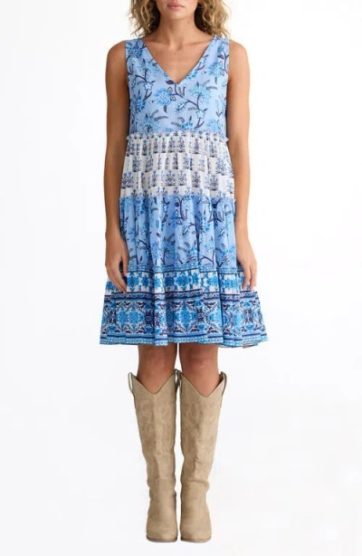 Talisman The Label Lucky Charm Mixed Print Tiered Cotton Dress In Blue