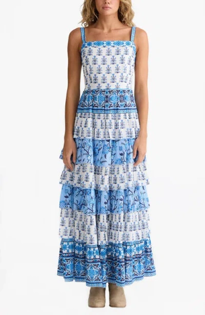 Talisman The Label Paloma Mixed Print Tiered Cotton Maxi Dress In Blue