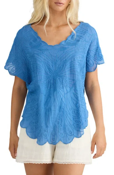 Talisman The Label Scallop Trim Embroidered Butterfly Top In Blue