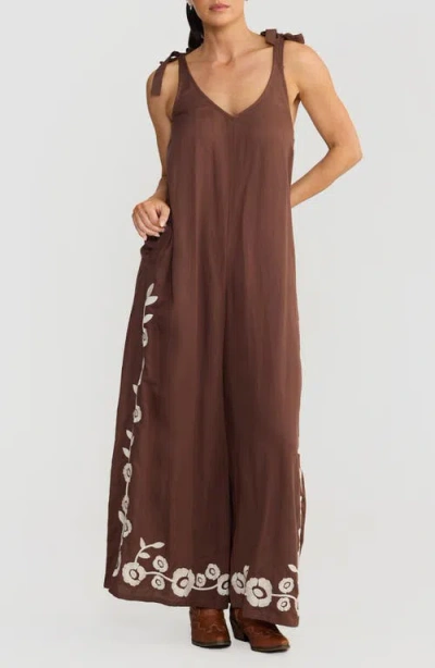 Talisman The Label Temple Embroidered Wide Leg Jumpsuit In Brown