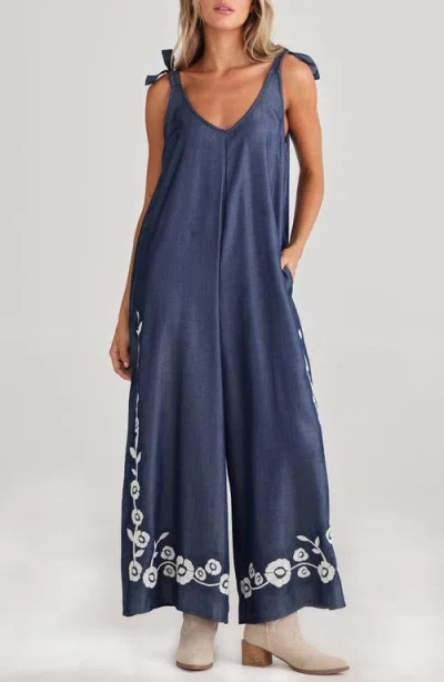 Talisman The Label Temple Embroidered Wide Leg Jumpsuit In Denim W Embroidery