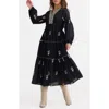 Talisman The Label Vadella Embroidered Long Sleeve Midi Dress In Black