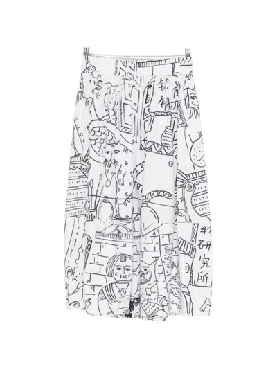 Talking Walls Juju Bao Bao Illustrated Midi Skirt In White