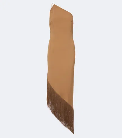 Taller Marmo Antelope Fringe-trimmed Asymmetric Midi Dress In Brown