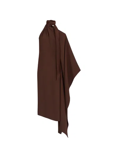 Taller Marmo Asymmetrical Off-the-shoulder Viscose-blend Crepe Cady Dress In Brown