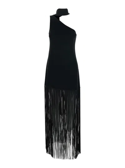 TALLER MARMO 'ATLANTA' BLACK LONG DRESS WITH ASYMMETRIC NECK AND FRINGED DETAIL IN VISCOSE BLEND STRETCH WOMAN