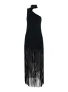 Taller Marmo 'atlanta' Black Long Dress With Asymmetric Neck And Fringed Detail In Viscose Blend Stretch Woman In Black
