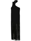 Taller Marmo 'atlanta' Black Long Dress With Asymmetric Neck And Fringed Detail In Viscose Blend Stretch Woman In Black