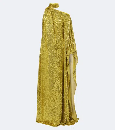 Taller Marmo Atlas Disco Sequined One-shoulder Gown In Yellow