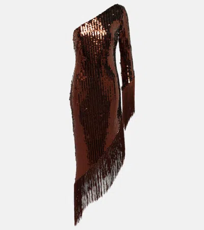 Taller Marmo Aventador Disco Sequined Fringed Midi Dress In Coffee