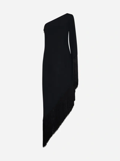 Taller Marmo Aventador Fringed One-shoulder Midi Dress In Black