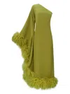 Taller Marmo Baler Feather-trimmed One-shoulder Maxi Dress In Green