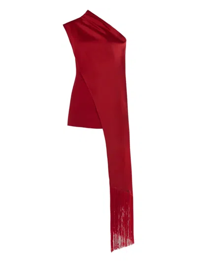 Taller Marmo Berenson One-shoulder Fringe Mini Dress In Burgundy