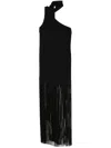 Taller Marmo 'atlanta' Black Long Dress With Asymmetric Neck And Fringed Detail In Viscose Blend Stretch Woman In Black