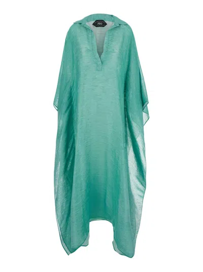 Taller Marmo Caicos Light Blue Kaftan With Front Neckline And Asymmetric Hem In Linen And Viscose Blend Woman